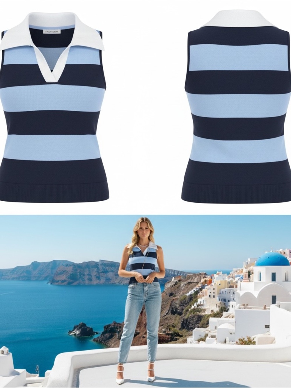Summer Polo Sleeveless Collared Top | Blue & White  Blouse | Size Small | NWT - Picture 2 of 4
